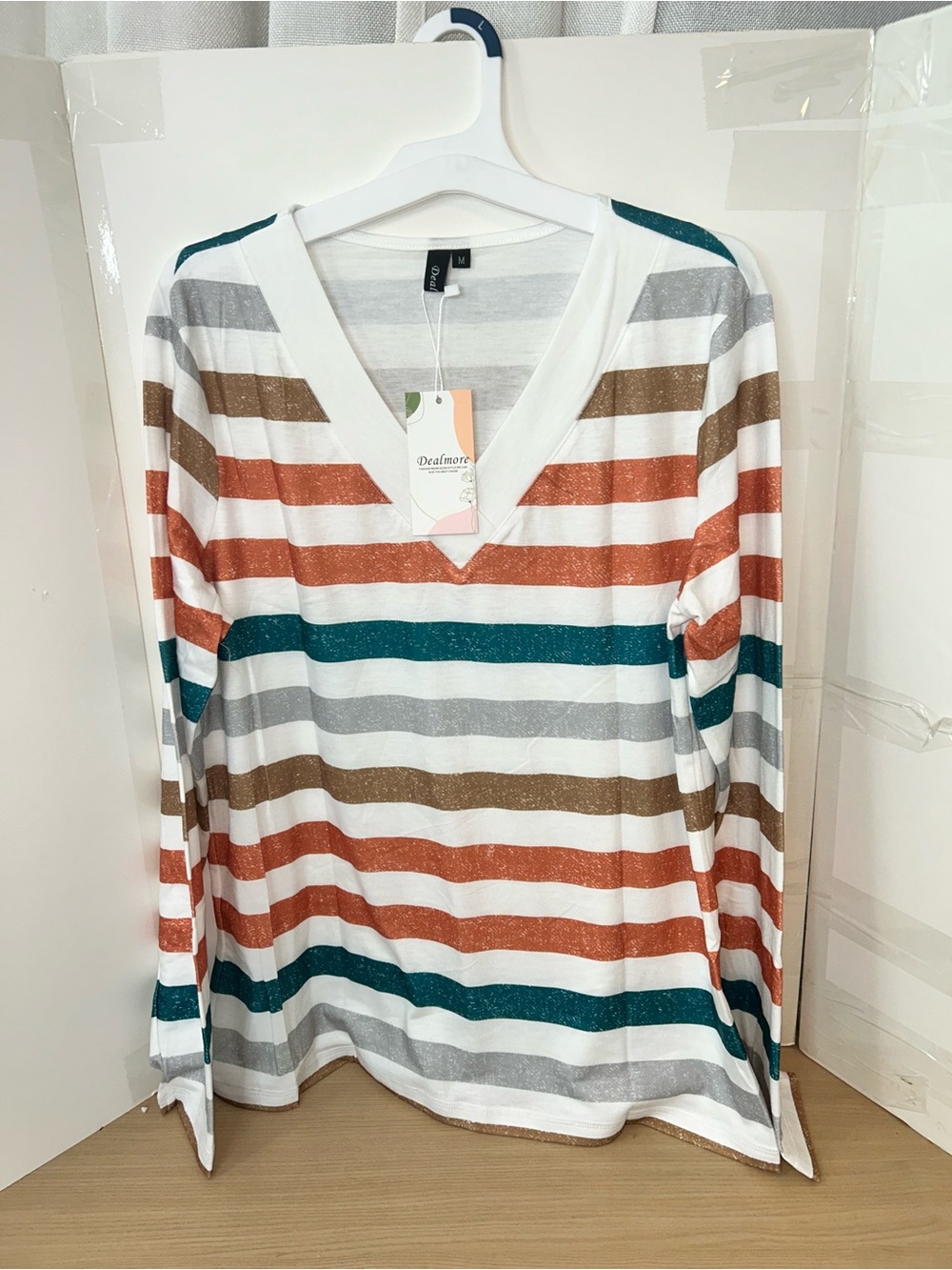 Striped V-Neck Long Sleeve Tee in Teal, Rust & White -
